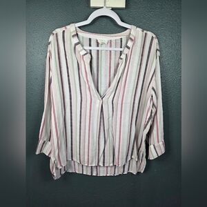 LOFT Womans Striped V-Neck Blouse in Pink, Green & Cream Size Large